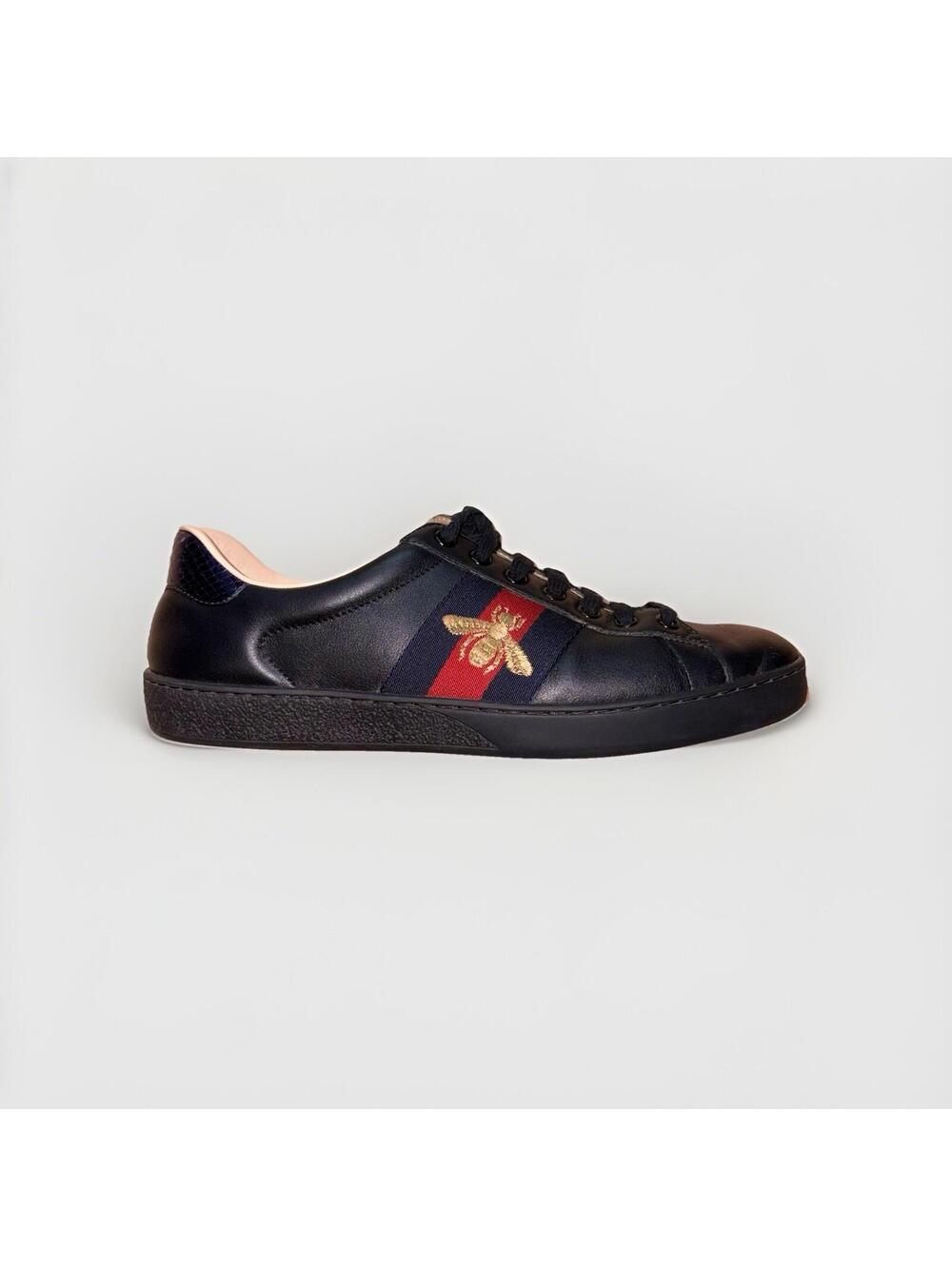 Gucci Ace Embroidered Black Bee Stripe Sneakers Mens 6.5 Womens 8.5